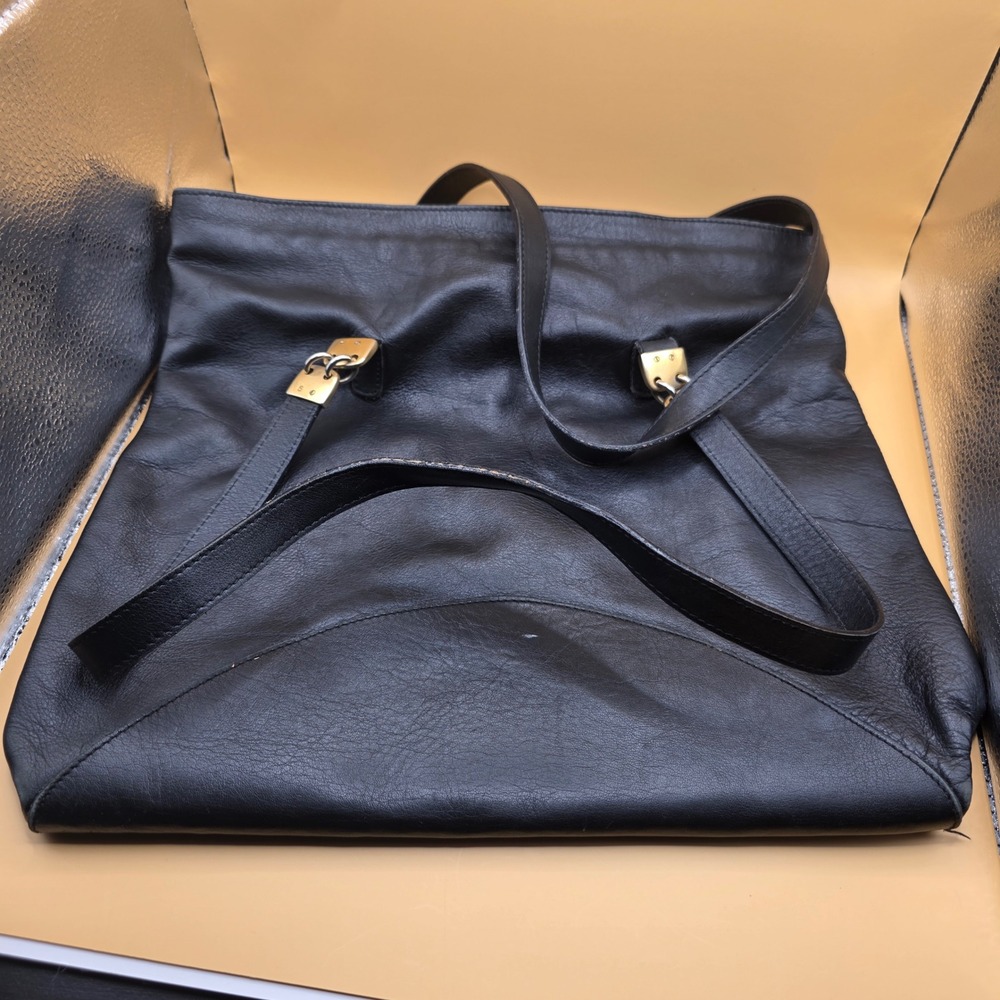 Paola del Lungo Firenze Black Leather Tote Bag Made in Italy Gold Hardware